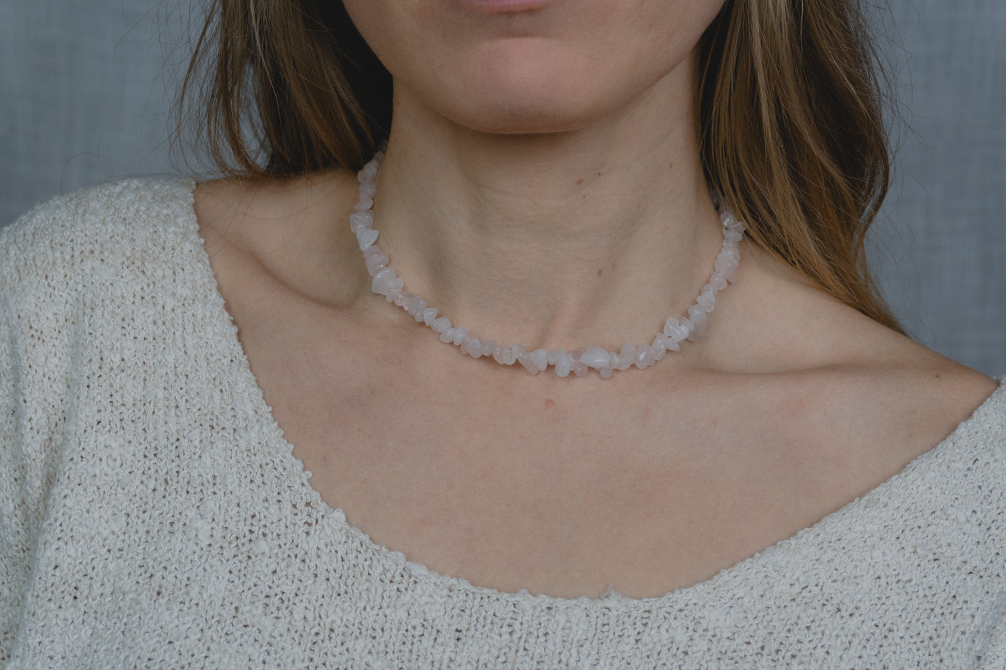 LOVE · Rosenquarz Splitterkette mit Schiebeverschluss
